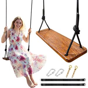 Wooden Swing,Wood Tree Swing for Adults Kids,Adjustable Climbing Rope Plus Tree Straps,24"x8"x1.2"/500LBS,Upgraded Matte Finish Wood Swing & Climbing-Grade Rope for Backyard Playground