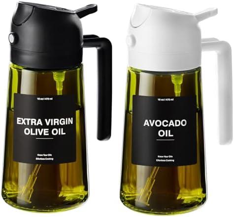 CXINYI - 16oz/470ml Olive Oil Dispenser for Kitchen with Stickers - 2 in 1 Olive Oil Sprayer for Cooking, Air Fryer, and Salad, Black&White (Light-Proof Kitchen Gadget)