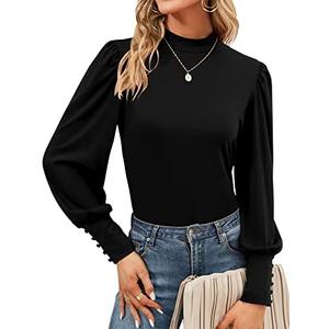 Qirno Womens Mock Neck Puff Long Sleeve Tops Casual Loose Solid Basic T Shirt Button Cuffs Pullovers Shirts Blouse M