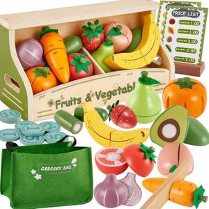 BUYGER Wooden Fruits and Vegetable Toys for Kids Toddler, Pretend Play Cutting Kitchen Food, Play Store Counter Shop Playset Gifts for 3 4 5+ Years Old Boys Girls