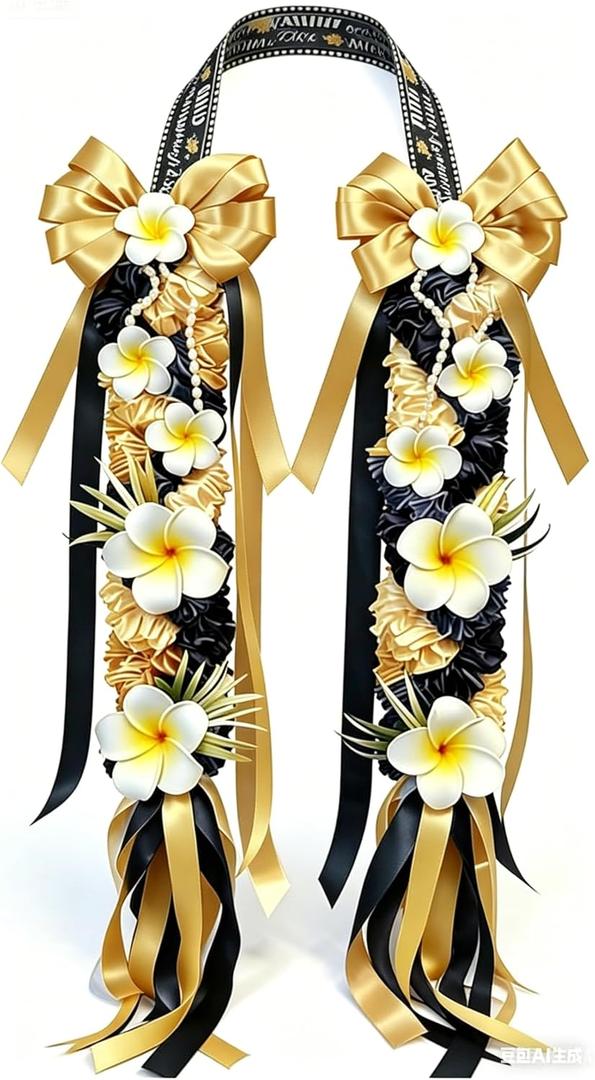 67" 2026 Black Gold Graduation Leis Class of 2026 Grad Ribbon Lei Hawaiian Ribbon Graduation Braided Lei with Flowers for High School College Student Congrats Grad Gifts Party Accessories