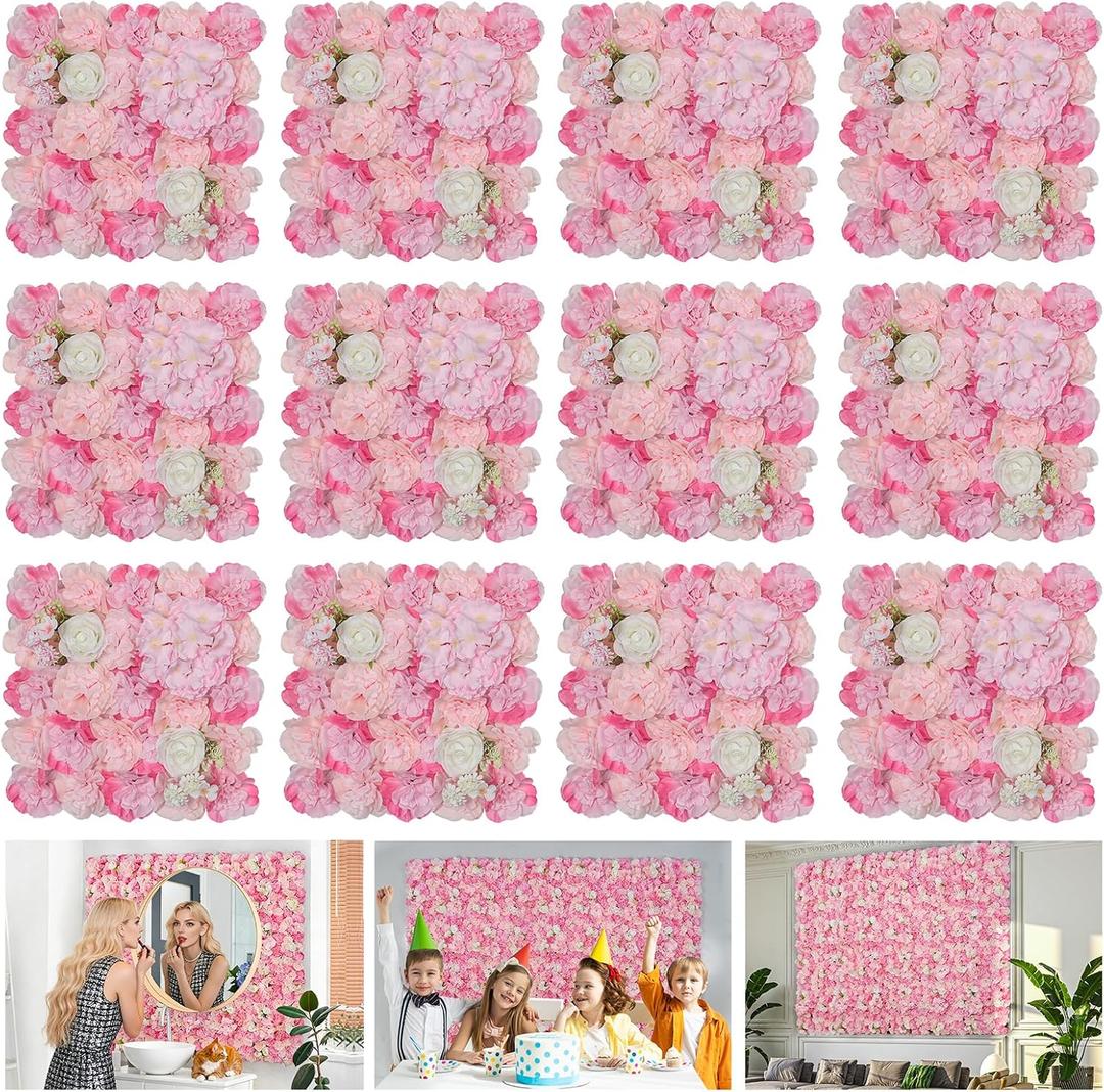Flower Wall Backdrop 12-Pack 16.5x16.5 Inch Artificial Rose Silk Flowers Panels-Floral Wall Panel Wedding Photo Backdrop, Photography Backdrop, Event Party Decoration-Pink