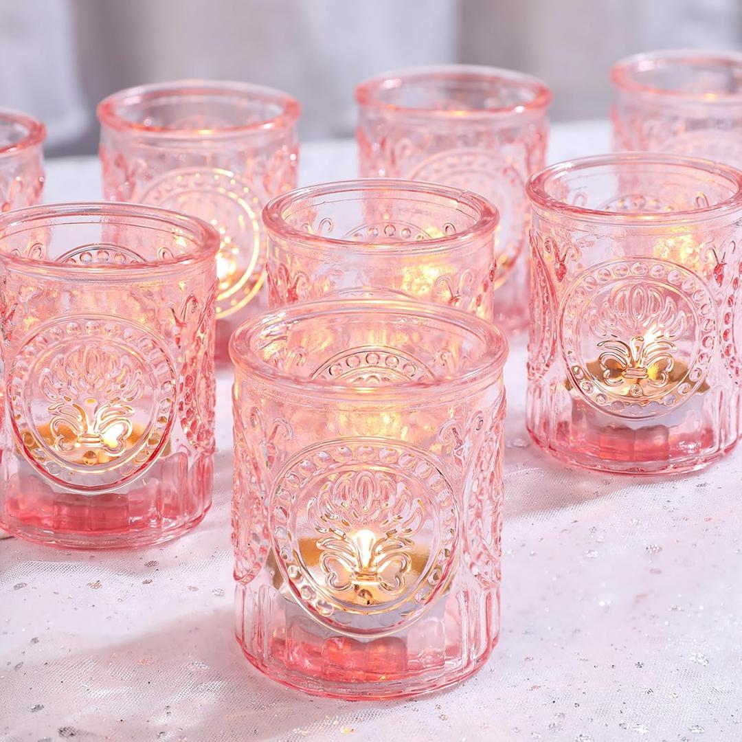 12 Pcs Pink Votive Candle Holders, Glass Tea Lights Candle Holder Vintage Candle Holders Bulk for Table Centerpieces, Fall, Christmas Decor