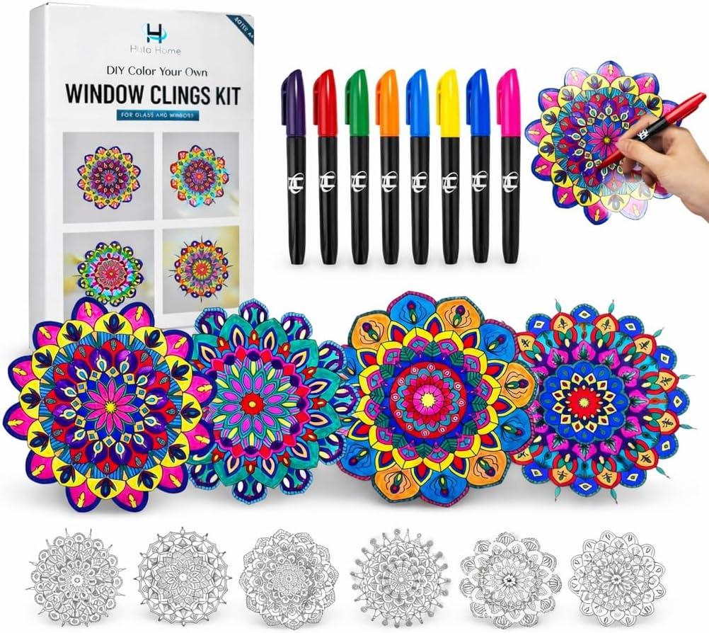 Hula Home Stained Glass Mandala Art Kit - DIY Window Clings with Markers, 10 Suncatchers - Perfect Hobby for Adults, Kids, Teens & Seniors - Ideal Gift for Beginners, Women & Elderly