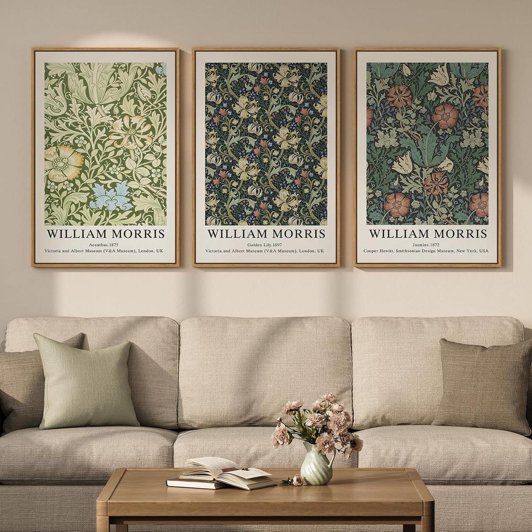 Large Framed William Morris Green Wall Art Set of 3, Vintage Floral Canvas Picture Paintings for Walls, Rustic Botanical Floral Artwork Prints for Living Room, Bedroom, Dining Room, Hallway, Office Wall Decor, Total Size 30x60 In, 20"W x 30" H x 3Pcs