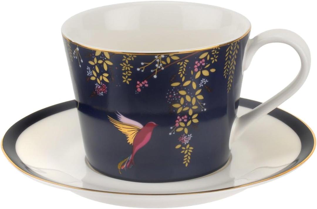 Portmeirion Sara Miller London Chelsea Teacup and Saucer, Navy | 8 Oz Cup for Drinking Tea and Coffee | Made from Fine China with Gold Detail | Handwash Only