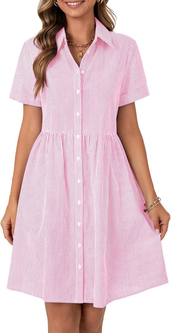 Rooscier Women's Striped Shirt Dress Button Down Collared Short Sleeve Mini Dress (X-Large, Pink)