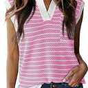 Dokotoo Women's Summer Short Cap Sleeve Sweaters Tops Casual Striped Color Block V Neck Polo Knit Shirts Blouses (Pink, XL)
