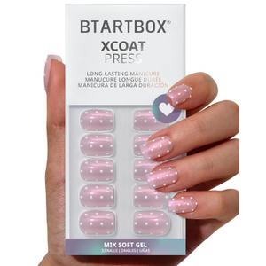 BTArtbox Press On Nails Short - Sugar Pop, Lamp-Curable Polka Dot Glitter Square Press On Nails with Glue and Adhesive Tabs for Women in 16 Sizes - 32 Soft Gel Glue On Nails Kit