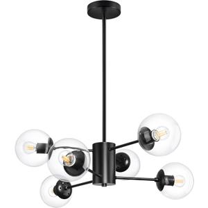 6-Light Globe Sputnik Chandelier Modern Black Sputnik Chandelier Mid Century Pendant Light Matte Black Finished with Clear Globe Glass Lampshade Chandeliers for Dining Room Kitchen