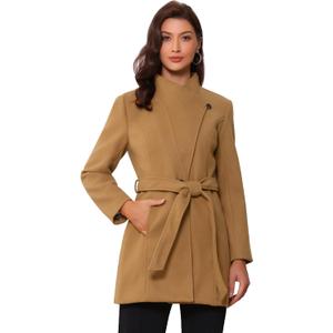 Allegra K Women's Classic Stand Collar Outwear Overcoat Long Sleeve Winter Belted Pea Coat M