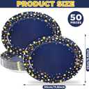 50Pcs Blue and Gold Party Supplies Large Gold Dot on Blue Paper Plates Oval Dinner Plates Disposable Party Tableware for Birthday Decorations Graduation Baby Showers Wedding Holiday Retirement