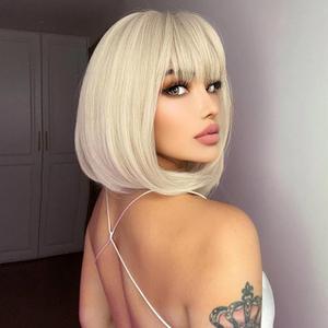 Blonde Bob Wig With Bangs Short Blonde Wig for Women 12 Inch Straight Bob wig with Bangs Synthetic Colorful Cosplay Daily Party UsePlatinum Blonde,12IN