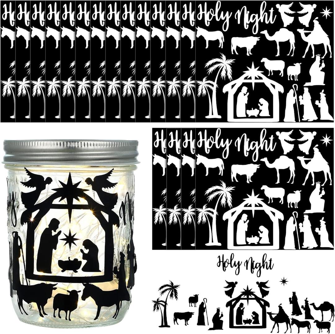 Nezyo 30 Sheet Nativity Scene Stickers Christmas Religious Jesus Mason Jar Decals Holy Night Fairy Stickers Nativity Silhouette Craft Waterproof Vinyl Adhesive Reusable Window Clings for Party Black