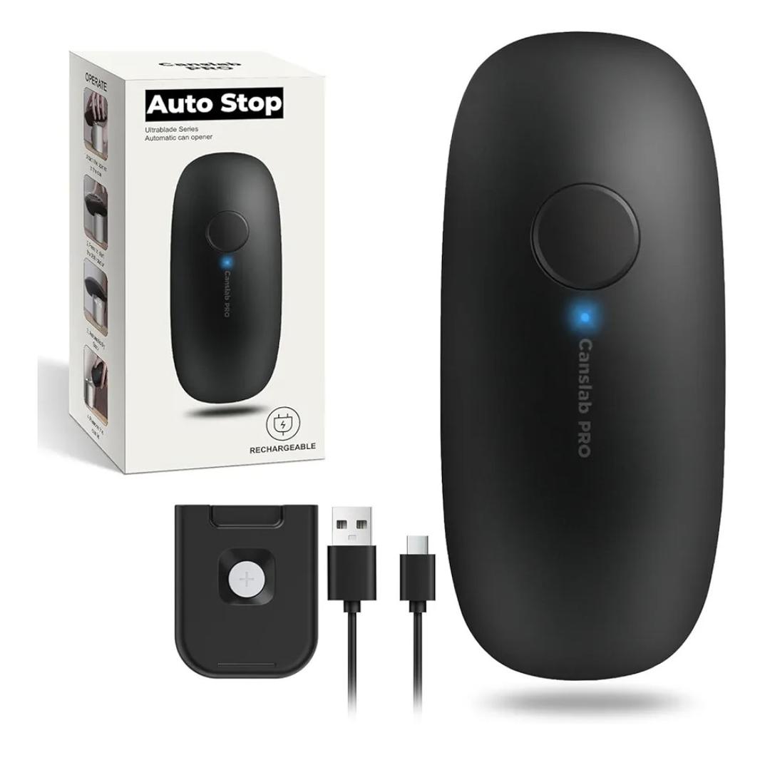 Canslab Ultrablade PRO Auto Stop Can Opener - Rechargeable Electric Can Opener for Kitchen for Seniors with Arthritis - One Touch Side Cut Opener, Smooth Edge, Handfree, Wall Mounted Small Size, Black