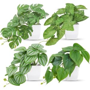 Der Rose 4Pcs Small Fake Plants Artificial Mini Faux Plants for Bathroom Office Desk Shelf Table Accessories Decor Indoor (White)