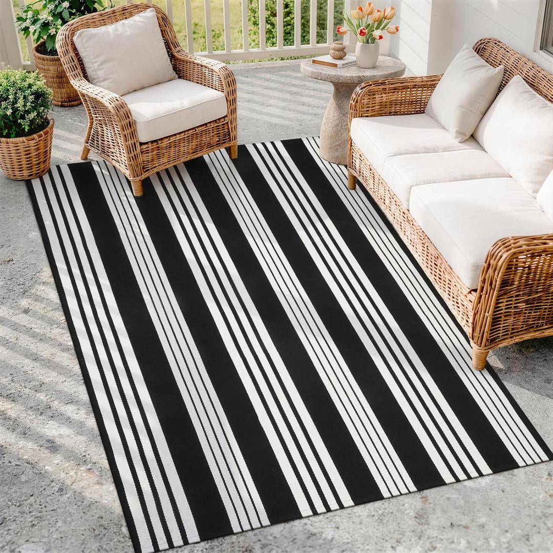 OJIA Black and White Outdoor Rug 4'x6' Cotton Woven Patio Rug Machine Washable Front Door Mat Outdoor Area Rugs Floor Mat for Farmhouse/Front Porch/Balcony/Entryway/Deck/Home Entrance Decor
