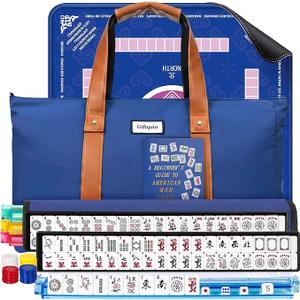 American Mahjong Game Set with Mat and Racks, Mahjong Tiles Set Include 166 White Tiles, Mahjong Mat, 4 All-in-One Rack/Pushers, Blue Bag and Mahjong Accessories, Mahjong Set Complete