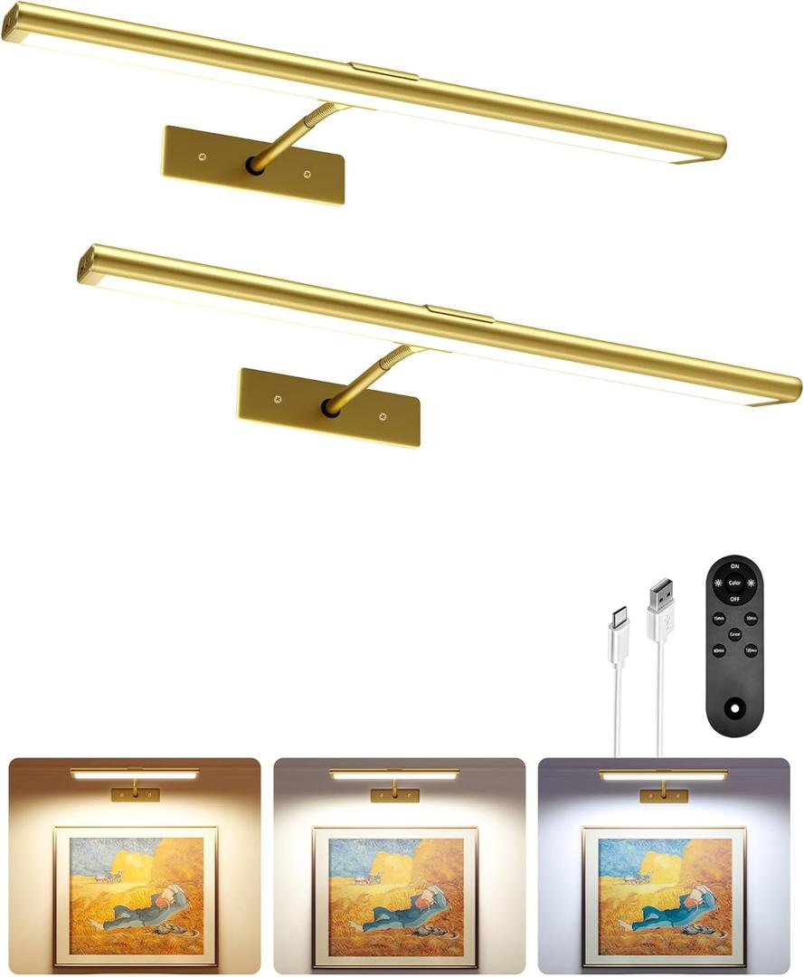 EZVALO Picture Light for Wall, 4800mAh Rechargeable Wireless Remote, 16'' Dimmable Magnetic LED Art Display Light with 3 Color Temperatures, for Gallery, Living Room, Bedroom, Hallway (Gold-2Pack)
