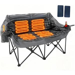 Heated Double Camping Chair with 2 Battery, Padded Camping Couch with 3 Heat Levels and 4 Heating Zones, Oversized Camp Loveseat Support 800lbs for Soccer Games, Tailgating, RV Travel, Beach Days