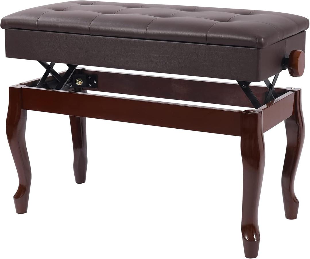 Adjustable Duet Piano Bench with Storage,Heavy Duty Wooden Double Keyboard Piano Bench Seat with PU Leather Cushion,Brown