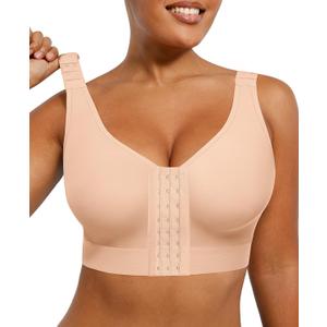 SHAPELLX Post Surgery Bras Front Closure Compression Bra Surgical Wirefree Mastectomy Bra with Adjustable Straps (Medium, Beige)