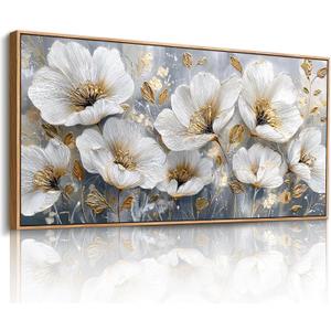 imjiayu Large Framed Wall Art, Floral Wall Art, Modern Art Wall Decor, White and Gold Flowers Canvas Prints, Nature Classy Paintings Wall Decor Living Room Bedroom Office Home Decorations 20"x40"