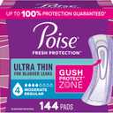 Poise Ultra Thin Incontinence Pads & Postpartum Pads for Bladder Leaks, 4 Drop Moderate Absorbency, Regular Length, 144 Count