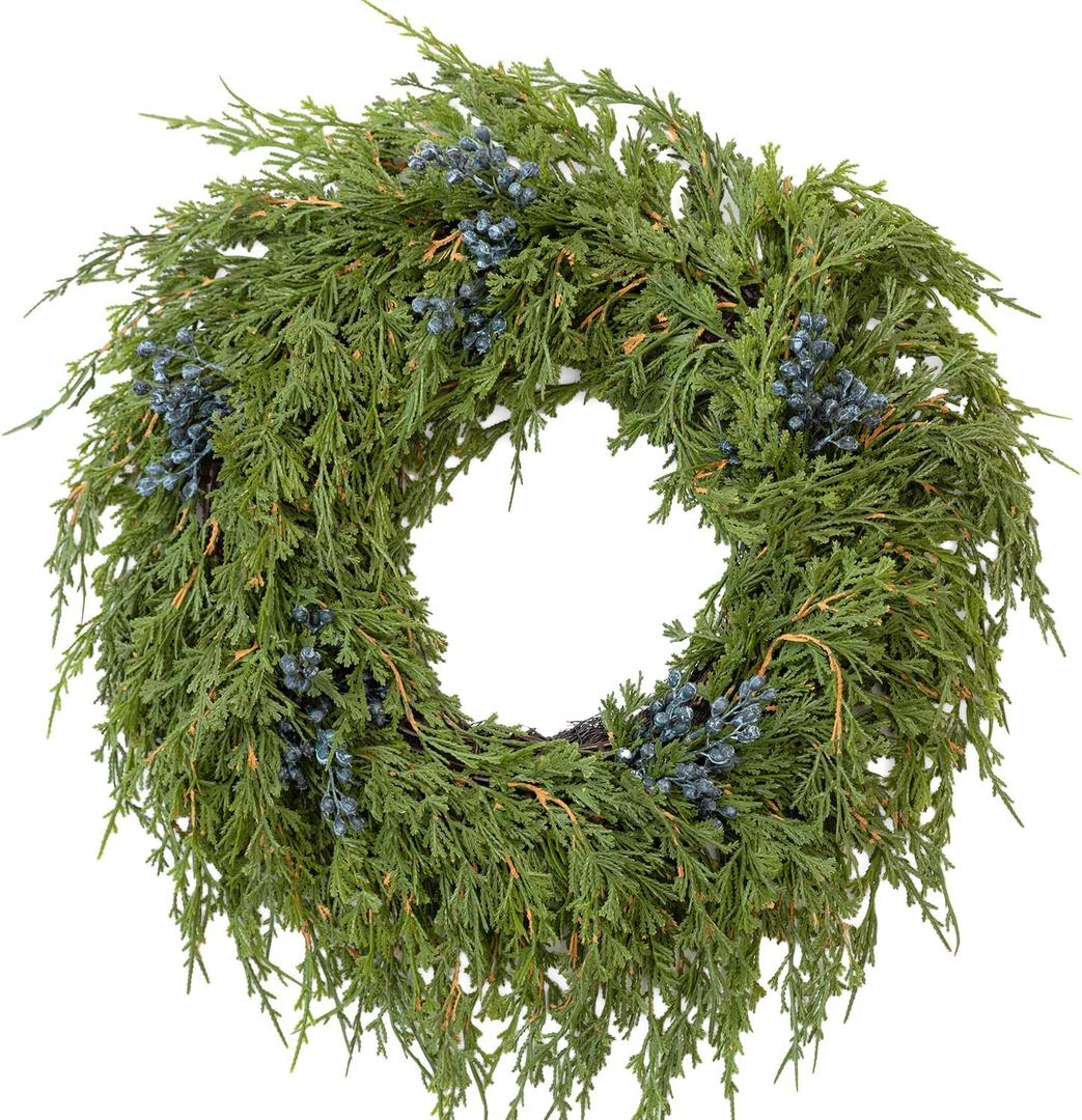 16" Spring Wreaths for Front Door, Artificial Greenery Wreath with Blueberry, Green Norfolk Pine and Cedar for Wall, Porch, or Indoor Outdoor Decor, Real Touch Cedar Foliage