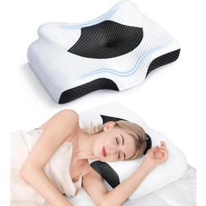 Osteo Cervical Pillow for Neck Pain Relief, Hollow Design Odorless Memory Foam Pillows with Cooling Case, Adjustable Orthopedic Bed Pillow for Sleeping, Support for Side Back Sleepers (Queen(25.5*16.5*5.2/4.1 inches), Black)