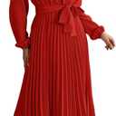 ChiaoLezhee Pleated Maxi Dress, Mock Neck A Line, Fall Holiday, Long Sleeve Modest Business Casual Flowy Dresses for Women (6-8, Red)