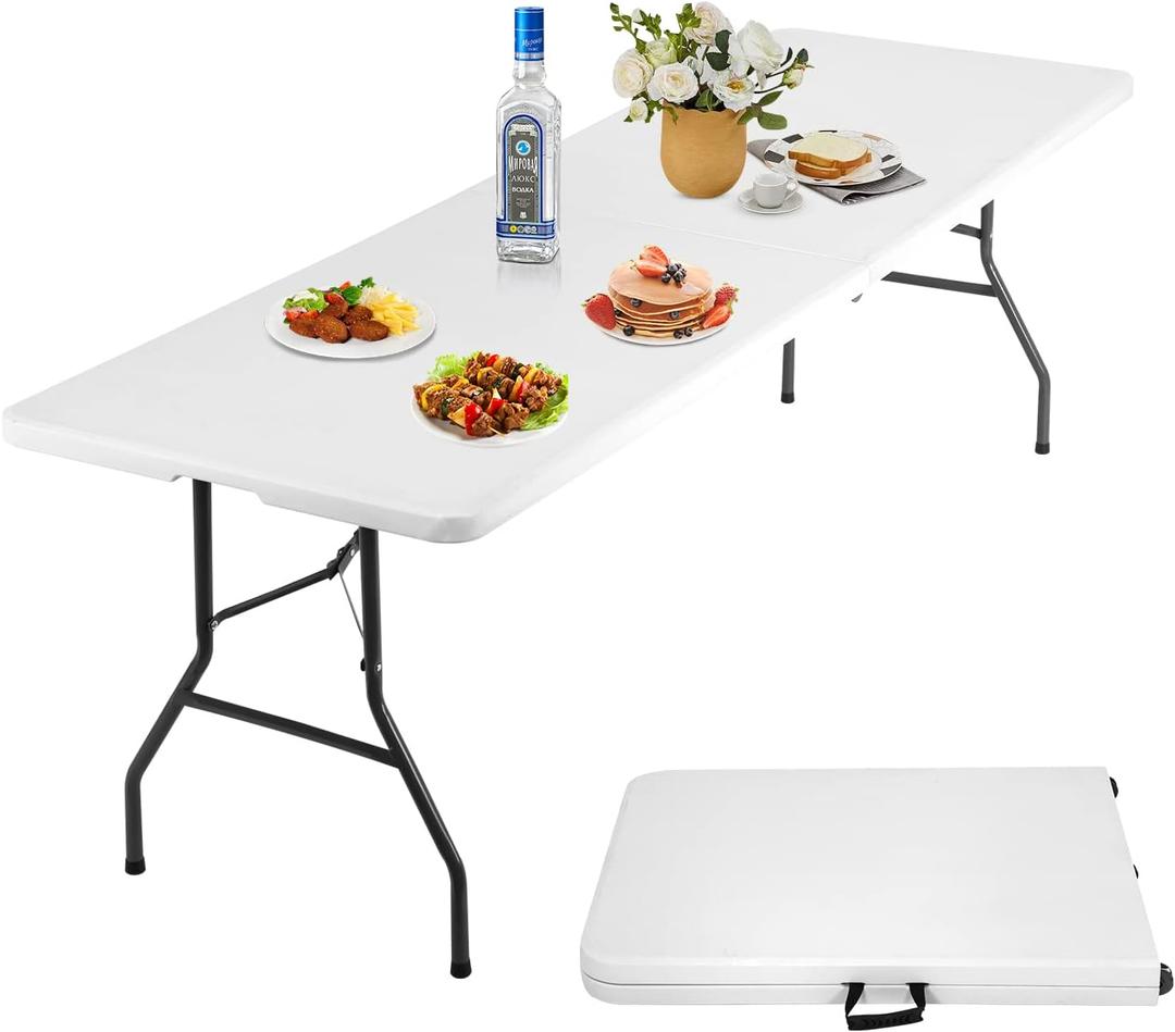8 Ft Folding Table Camping Table Picnic Table 8 Foot Portable Folding Table with Heavy Duty Frame for Picnic Party Camping,White