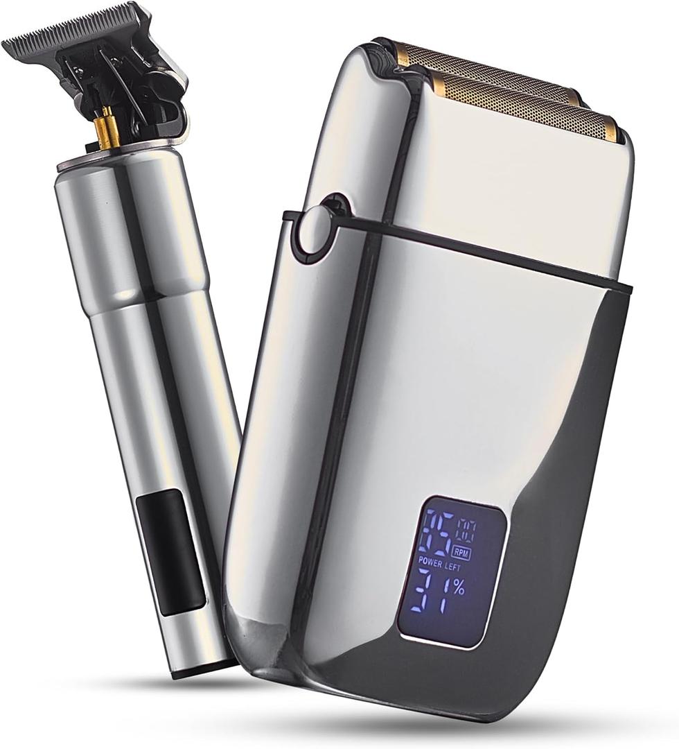 Hal&Hol Professional Cordless Electric Hair/Beard Trimmer and Foil Shaver for Men - Complete Barber Grooming Kit with Rechargeable Battery, Protective Case and 4 Guards, Gift for Men (Silver)