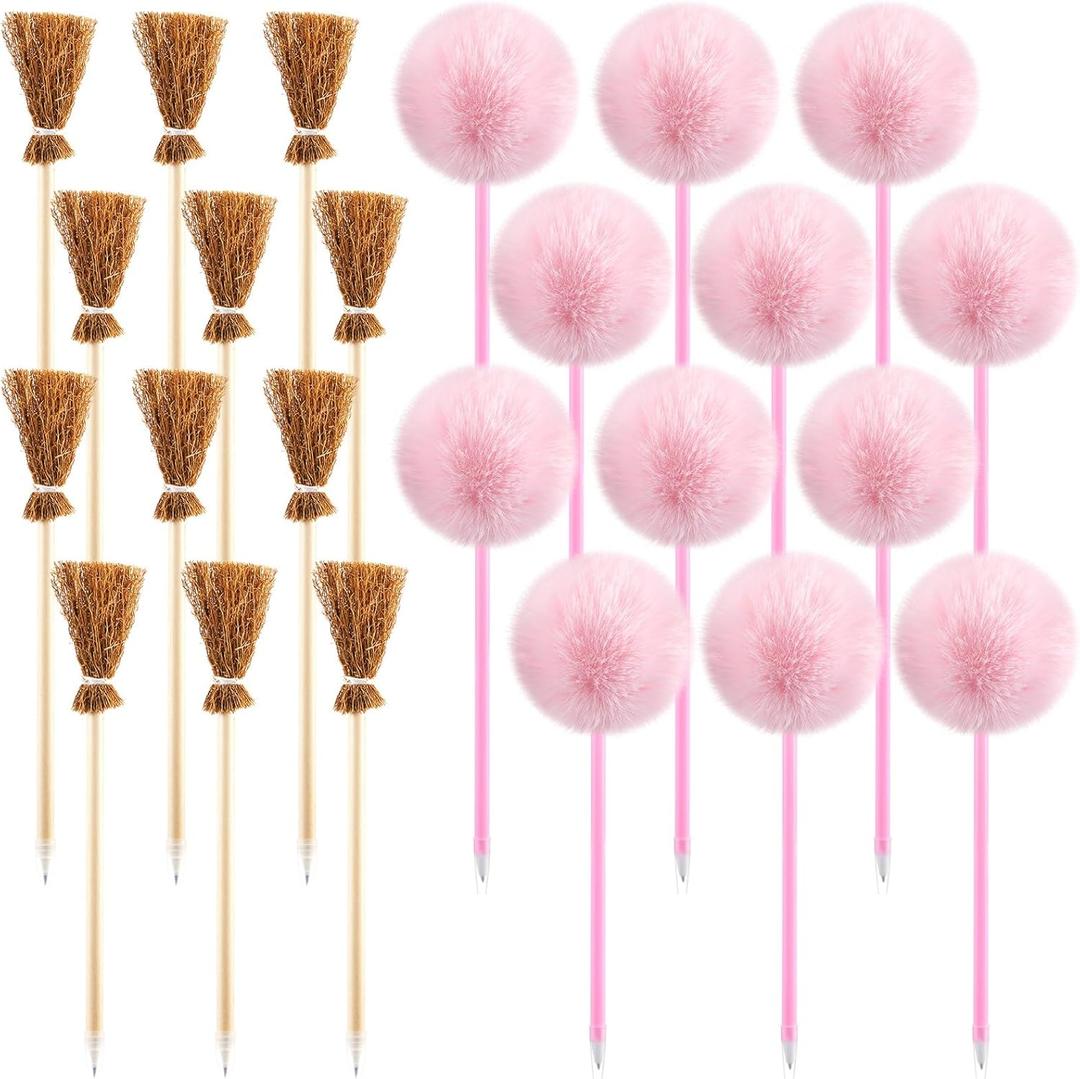 24 Pcs Witch Party Favors Including 12 Witch Broom Pens and 12 Pink Pom Pom Ballpoint Pens, Goodie Bags, Stuffer Broom Pencils, Wands for Wizard Halloween Party Decorations Gifts (Classic)