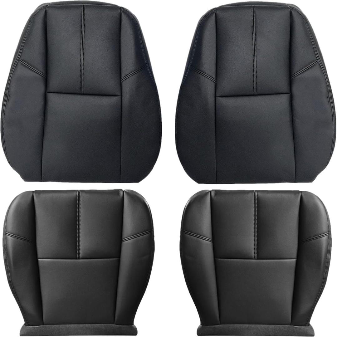 Driver & Passenger Bottom & Top Replacement Leather Seat Covers Compatible with Chevy Tahoe Suburban Avalanche Yukon Silverado Sierra 2007 2008 2009 2010 2011 2012 2013 2014#193 Ebony Black
