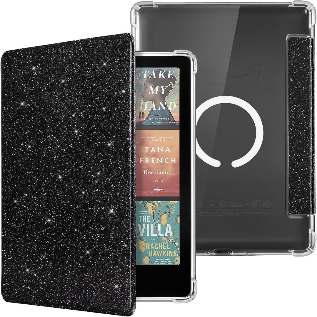 CoBak Magnetic Case for 7" Kindle Paperwhite 12th Gen 2024 and Kindle Colorsoft - Compatible with iPhone MagSafe, for Samsung/Belkin/Anker Wireless Charging Pads, Clear Back Cover, Auto Sleep Wake (Mag Ring Black Glitter)