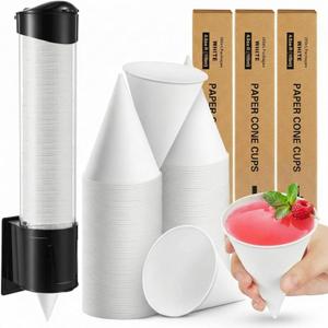 Roshtia 200 Pcs 4 oz Snow Cone Cups Paper Thicken Disposable with 1 Cups Dispenser Pull Type Wall Mount Cup Holder Paper for Restaurants, Home, and Office, and Shaved Ice, Cold (White)