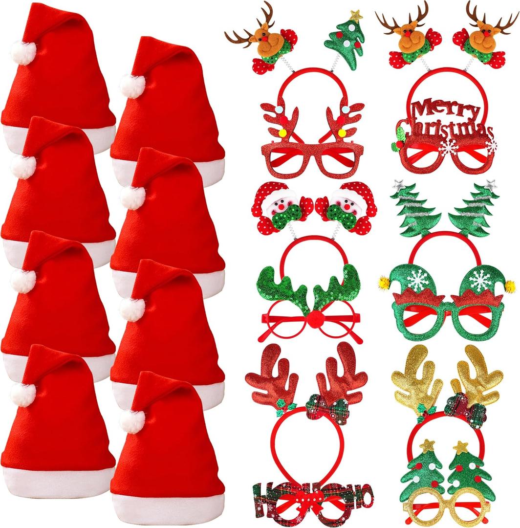 fiintrwa Christmas Headband Beads Necklace Hair Hoop Eyewear Eyeglass Santa Hat Photo Props for Xmas Party Decoration Supplie