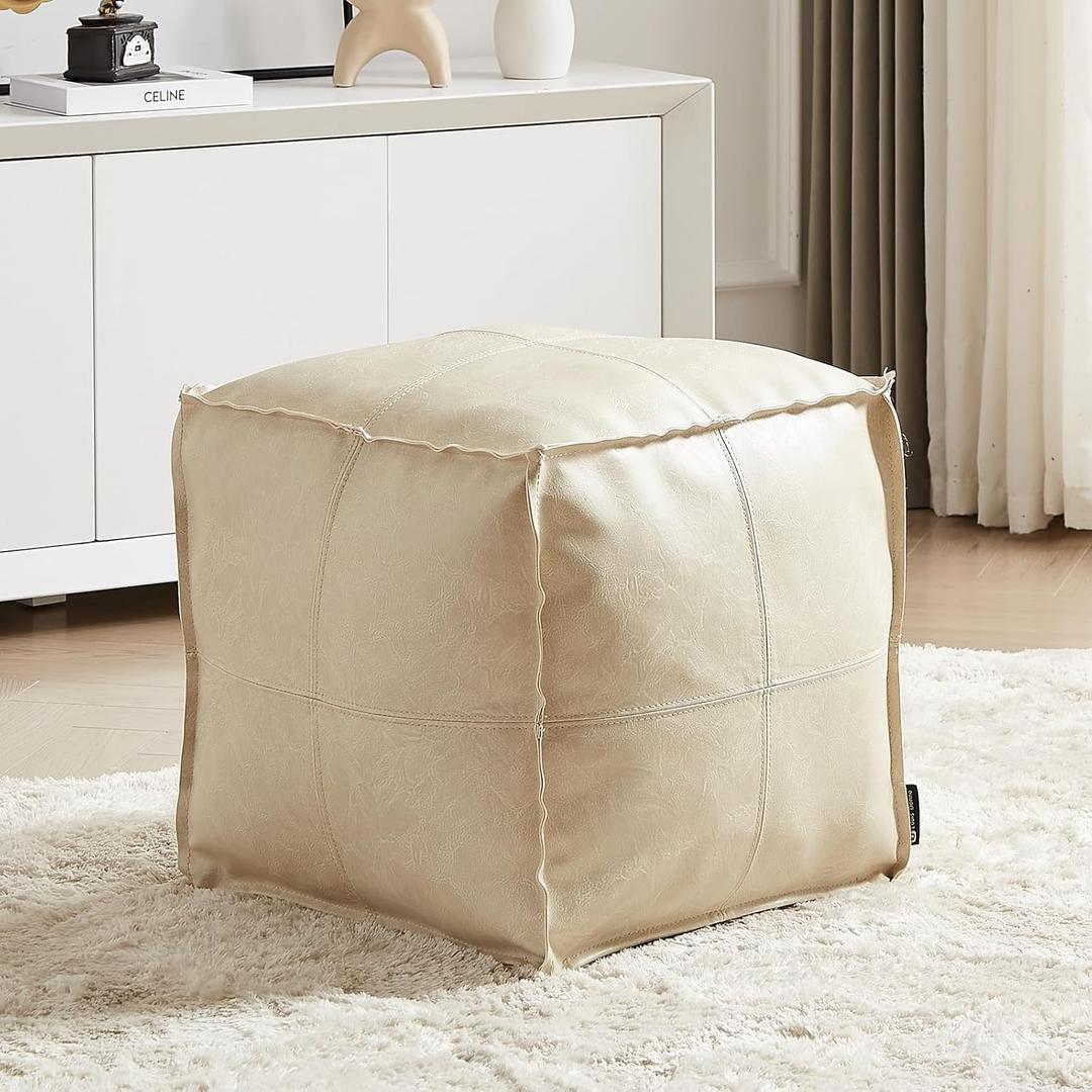 Louis Donn Square Pouf Ottoman Cover Leather Unstuffed Handmade Faux PU Foot Stool Storage Ottoman 17.7" Grey White Poufs Foot Rest for Living Room Floor Chair Christmas Decorations Gift (ONLY Cover)