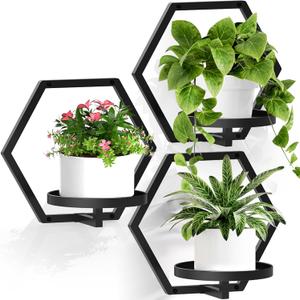 JOPBENG 3 Packs Wall Planters for Indoor Plants, 7.9inch Metal Wall Plant Holder Hanger Wall Decor, Wall-Mounted Hanging Planters Window Plant Shelves Outdoor(Black)