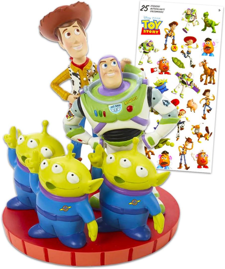 Disney Precious Moments Figurine Toy Story - Bundle with 6" Porcelain Bisque Figurine Featuring Woody, Buzz Lightyear, Green Aliens Plus Stickers | Toy Story Decorations