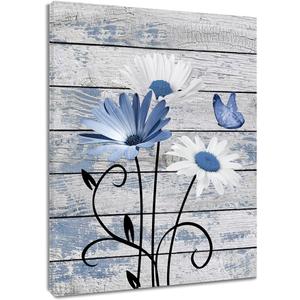 HVEST Vintage Floral Canvas Wall Art Blue and White Daisy Butterfly on Farmhouse Wooden Wall Decor for Bedroom, Country Wildflower Framed Wall Art for Living Room Office Home Decor,24L X 16W inches