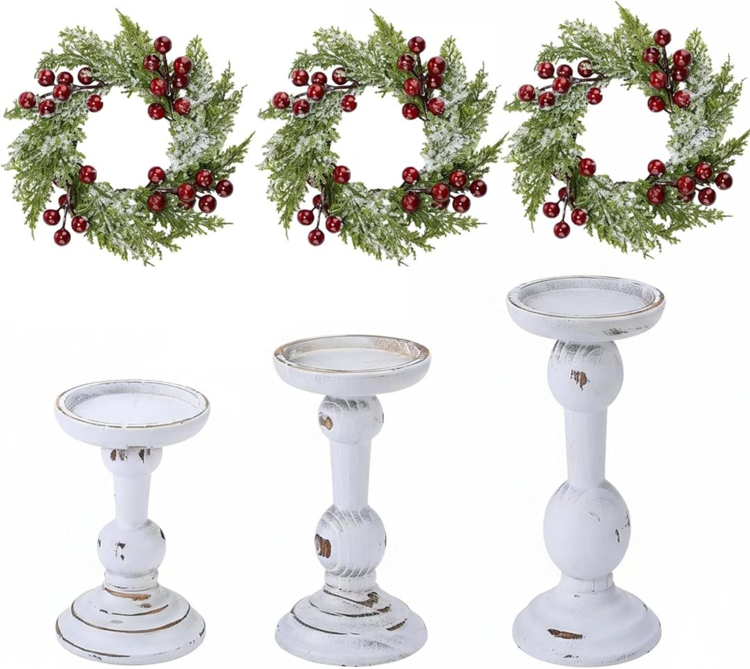 Mumufy 6 Pcs Christmas Candle Holders for Pillar Candles Rustic Wooden Farmhouse Vintage Christmas Table Centerpiece Decoration Tall Xmas Candlestick Wreath Ring for Dinning Fireplace Mantel Decor