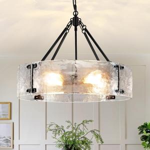 Water Textured Glass Drum Chandelier,22" Round Modern Chandeliers for Dining Room Light Fixture Luxury Hanging Farmhouse Black Glass Pendant Light for Entryway Foyer Living Room Kitchen