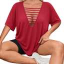 Remidoo Womens Oversized Tshirt Sexy Cut Out Top Ripped Shirt Short Sleeve V Neck Tee Deep Red Medium (Red, M)