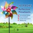 10 Pieces 21 Inches Rainbow Reflective Pinwheels with Stakes Windmill Wind Spinners Outdoor for Yard Garden Lawn Farm Decor Bird Repellent, Large Plastic Foil Pin Wheels for Birds Animal Deterrent
