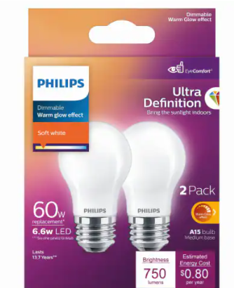 Philips LED 60-Watt Equiv 6.6-Watt A15 Frosted Ultra Definition Light Bulb Soft White 2700K