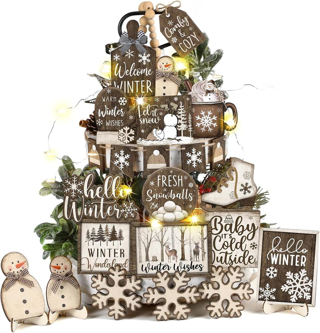 Shellwei 23 Pcs Winter Tiered Tray Decor Set Wood Rustic Hello Winter Snowman Snowflake Decoration Christmas Farmhouse Decor Xmas Signs for Christmas Decorative Trays Table Shelf Home Centerpiece