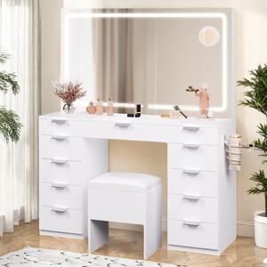 YITAHOME White Vanity Table with Mirror: 46" Makeup Desk with 11 Drawers Magnifying Mirror, Cushioned Storage Stool, Vanity Set with Power Outlet