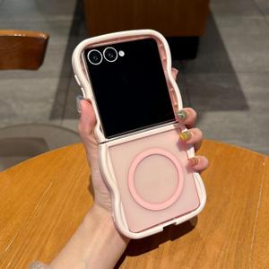 UEEBAI Magnetic for Samsung Galaxy Z Flip 7 5G Case, Compatible with MagSafe, Transparent Wave Frame Design Case Soft Edge Cover Cute Clear Matte Shockproof Protective Phone Case, Pink